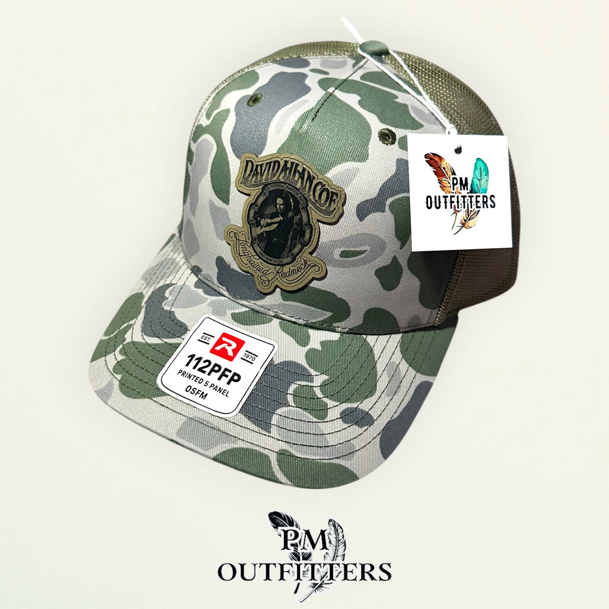 PM Outfitters hang tag David Allan Coe camo trucker hat