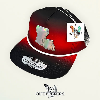 PM Outfitters Louisiana Lafayette Tailgate Season holographic vegan leather Louisiana state outline patch trucker hat Lafayette two-feather logo black red gradient