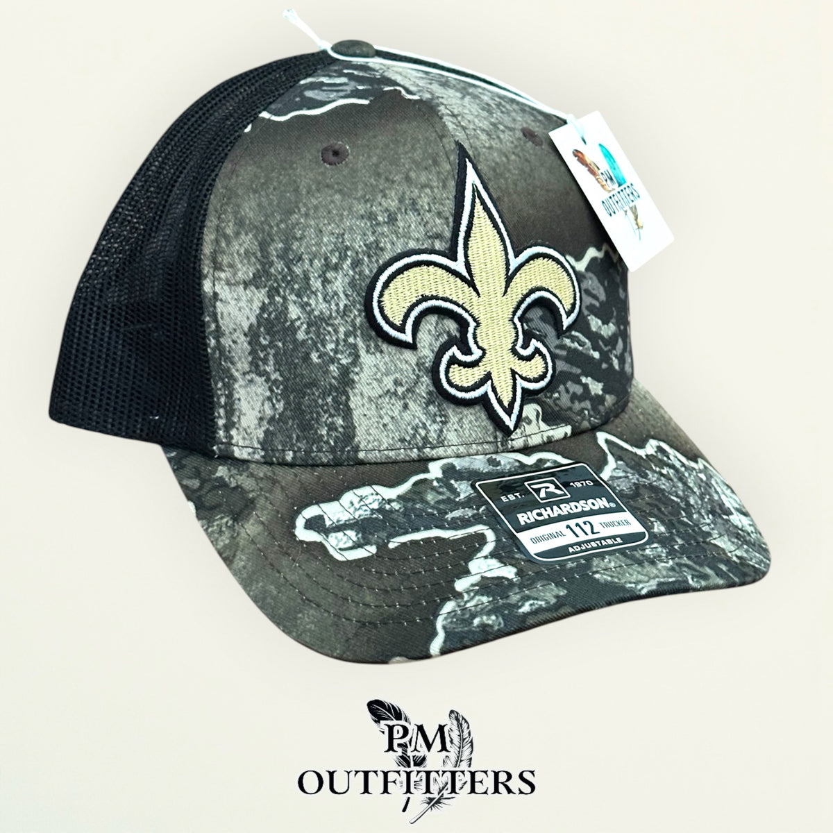 PM Outfitters New Orleans Saints fleur-de-lis embroidered patch Richardson 112 Realtree Excape camo trucker hat