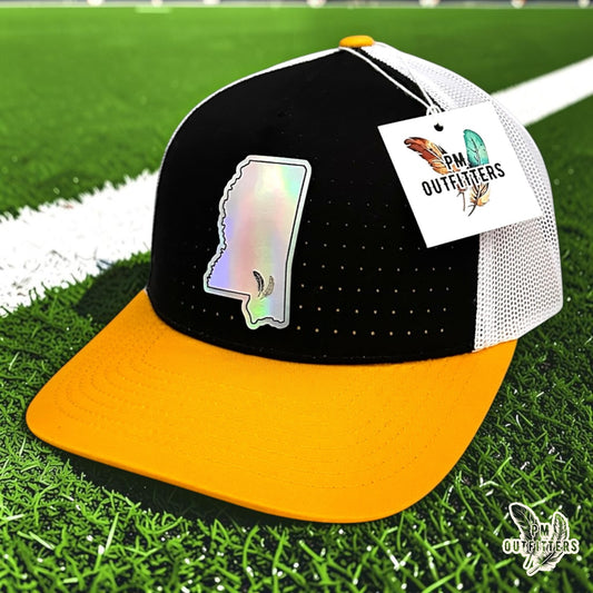 PM Outfitters Southern Miss Tailgate Season holographic vegan leather Mississippi state outline patch trucker hat Hattiesburg two-feather logo black gold
