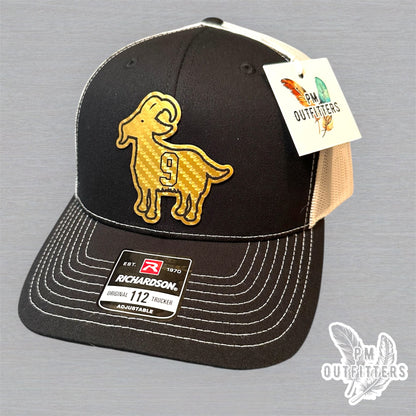 Drew Brees GOAT Hat - PM Outfitters Gold Carbon Fiber Laser | Richardson 112 Black White Saints #9
