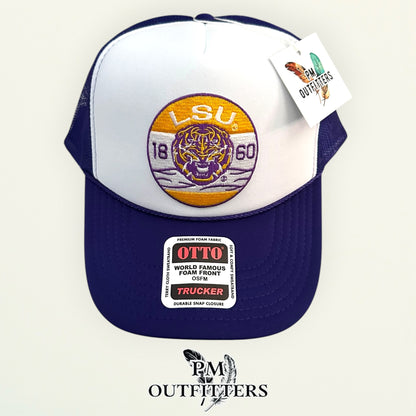 PM Outfitters LSU Tigers 1860 embroidered patch Otto foam front rope white purple trucker hat