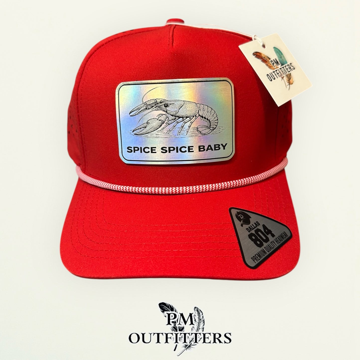 Spice Spice Baby Crawfish Hat | PM Outfitters Exclusive Holographic Laser Patch | Dallas 804 Red Waterproof Rope Hat