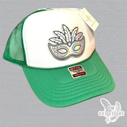 Mardi Gras Holographic Mask Trucker Hat - Green & White Otto Foam Front