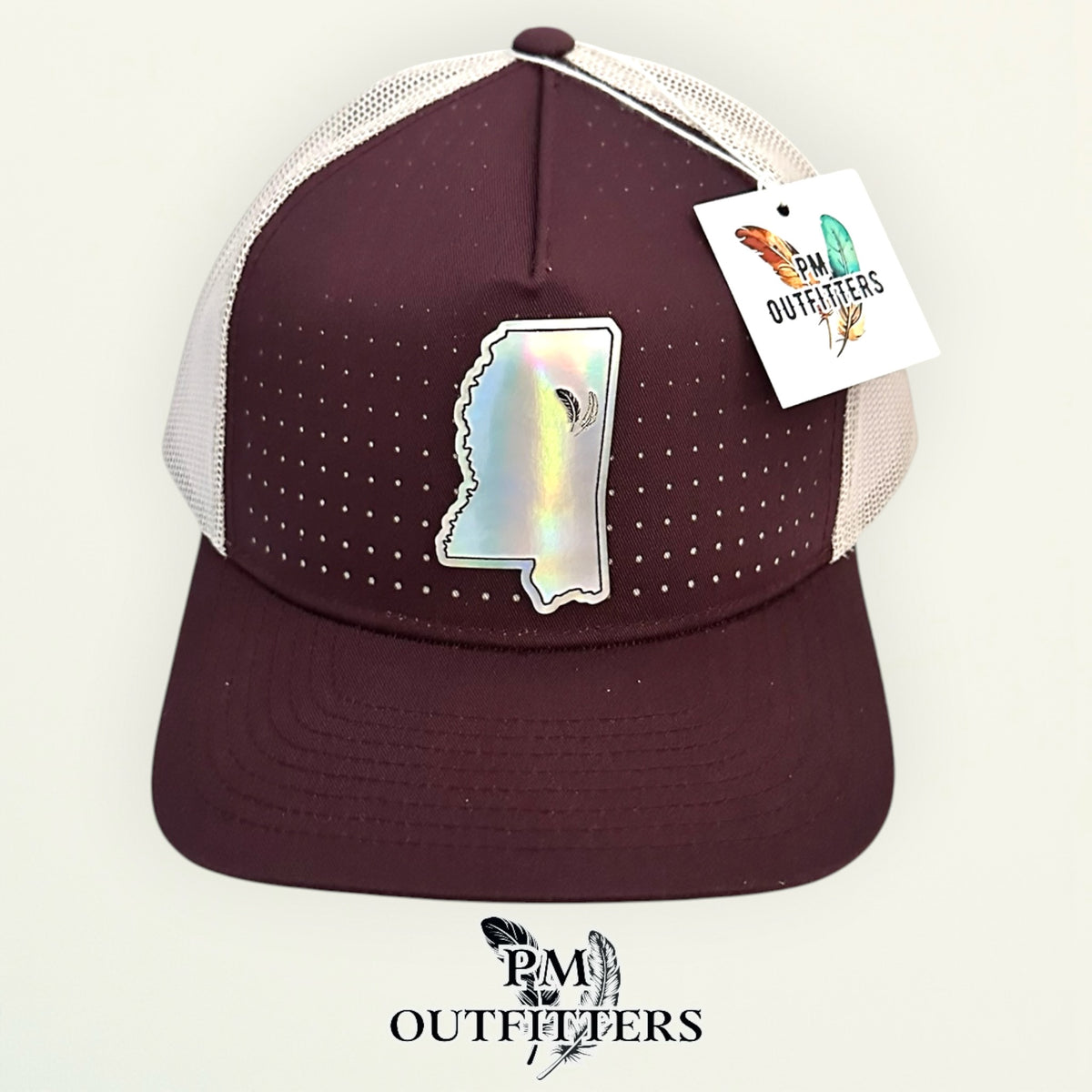 PM Outfitters Mississippi State Tailgate Season holographic vegan leather Mississippi state outline patch trucker hat Starkville two-feather logo maroon white
