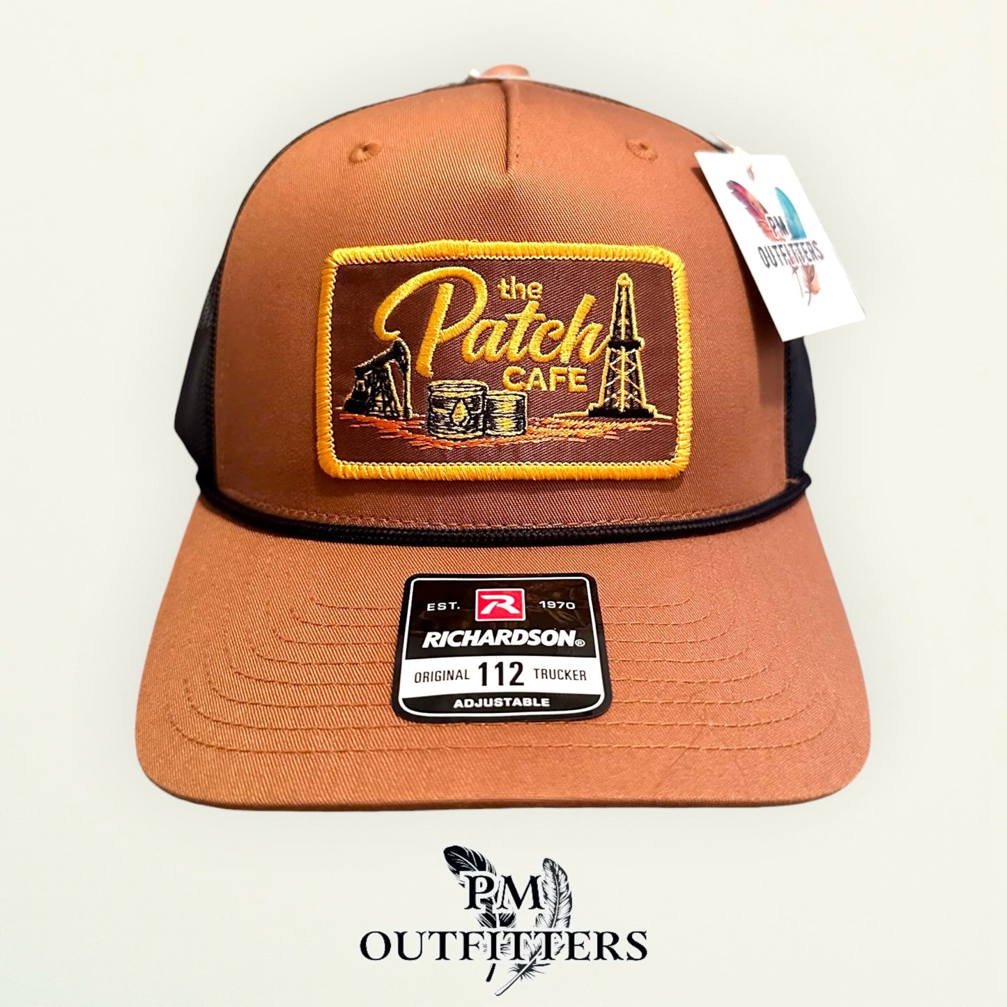 The Patch Cafe Oilfield Trucker Hat | Richardson 112 Rope | Caramel Black | Landman Hat