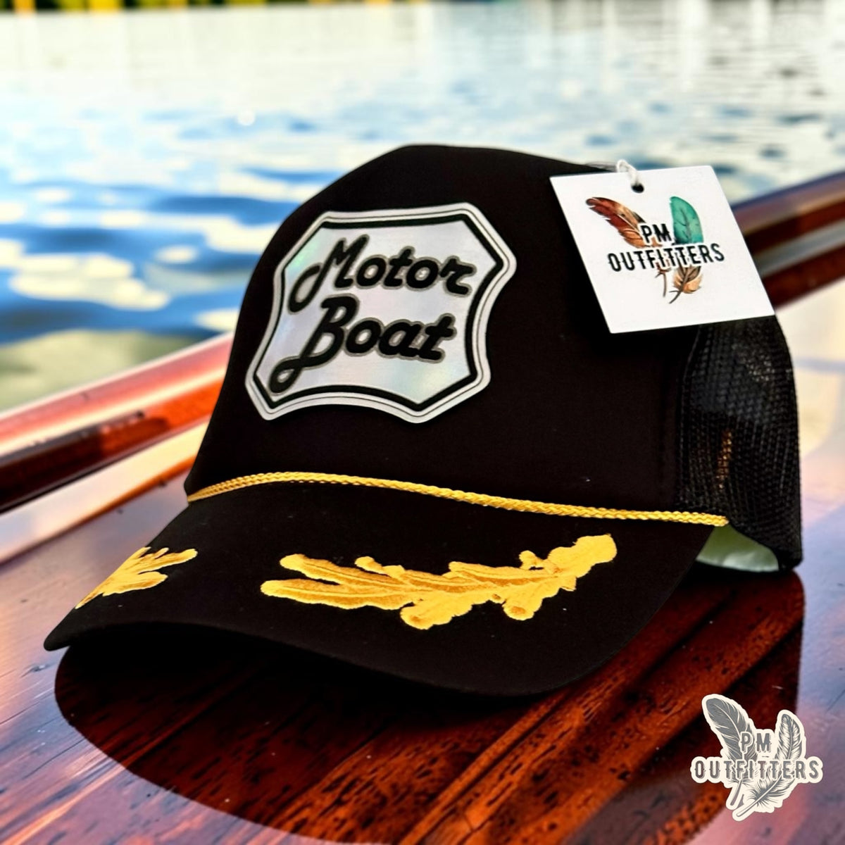 PM Outfitters Motor Boat Captain trucker hat black gold Otto foam front holographic patch
