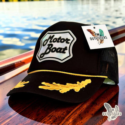 PM Outfitters Motor Boat Captain trucker hat black gold Otto foam front holographic patch