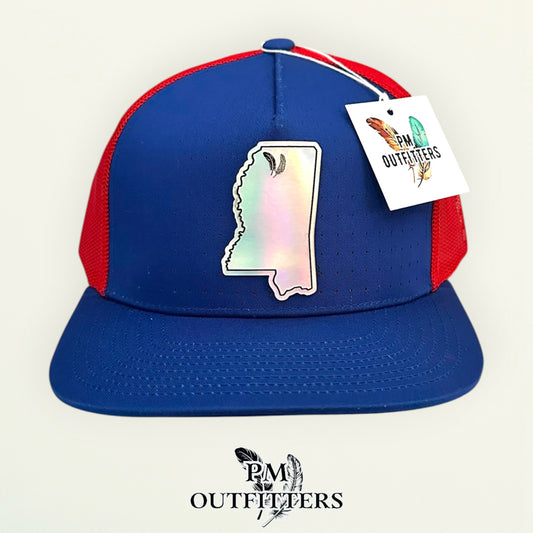 PM Outfitters Ole Miss Tailgate Season holographic vegan leather Mississippi state outline patch trucker hat Oxford two-feather logo blue red