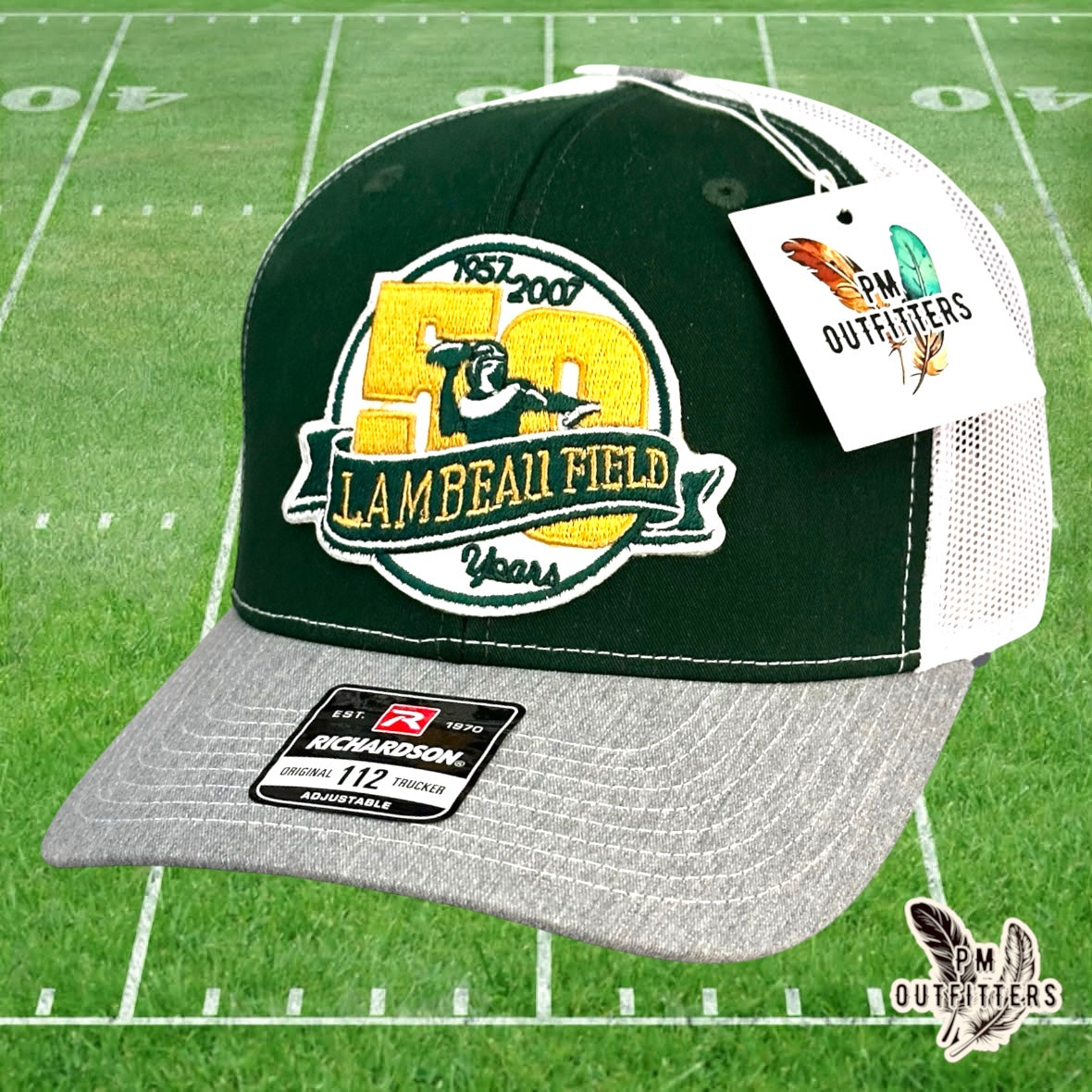 PM Outfitters Green Bay Packers Lambeau Field 50th Anniversary embroidered patch Richardson 112 green gray trucker hat