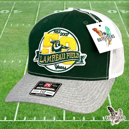 PM Outfitters Green Bay Packers Lambeau Field 50th Anniversary embroidered patch Richardson 112 green gray trucker hat