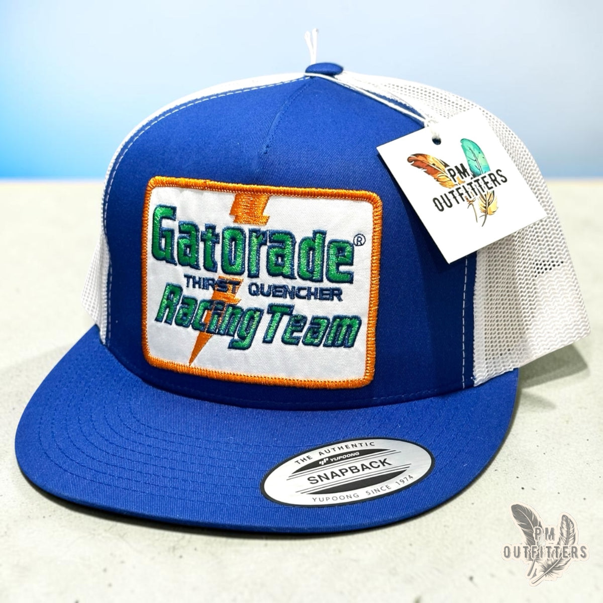 Gatorade Racing Team embroidered patch trucker hat in blue and white, Yupoong 6006 flat bill, PM Outfitters
