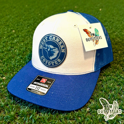 West Canaan Coyotes Trucker Hat — Richardson 112 White & Royal Blue