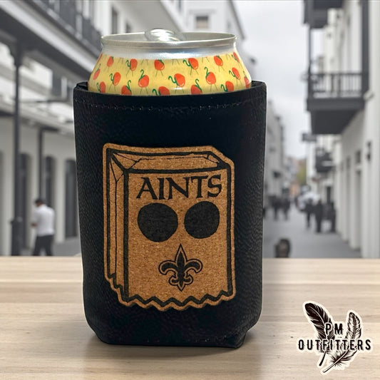 PM Outfitters Custom AINTS Bag Head Patch Black Leatherette Koozie