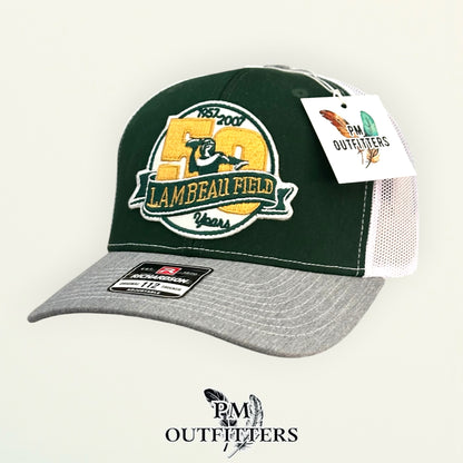 PM Outfitters Green Bay Packers Lambeau Field 50th Anniversary embroidered patch Richardson 112 green gray trucker hat