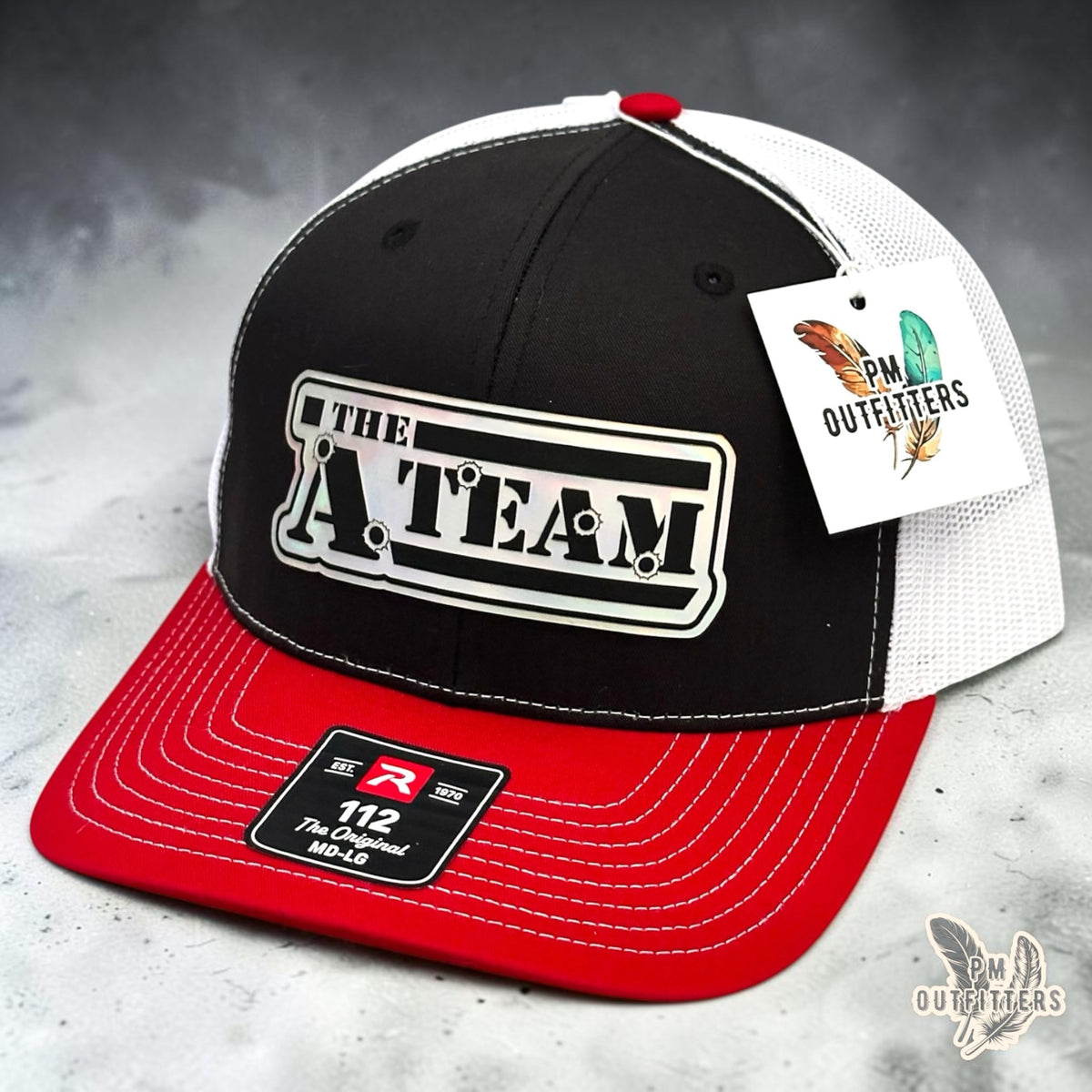 PM Outfitters The A-Team trucker hat black white red Richardson 112 holographic patch