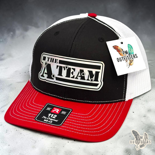 PM Outfitters The A-Team trucker hat black white red Richardson 112 holographic patch