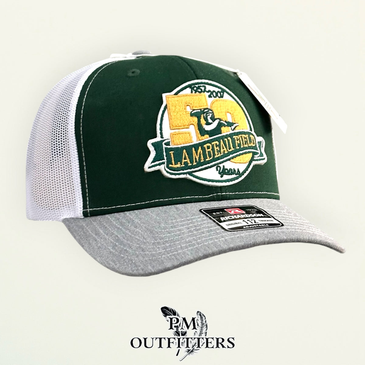 PM Outfitters Green Bay Packers Lambeau Field 50th Anniversary embroidered patch Richardson 112 green gray trucker hat