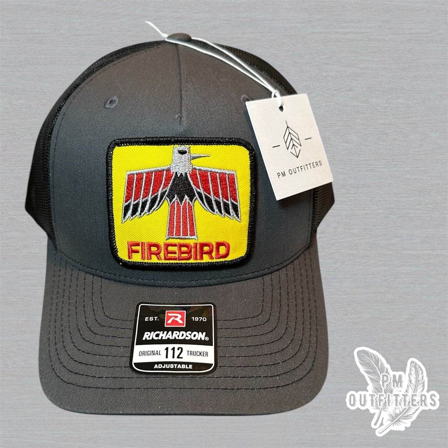 Vintage Firebird Logo Patch Charcoal and Black Richardson 112 Five-Panel Trucker Hat