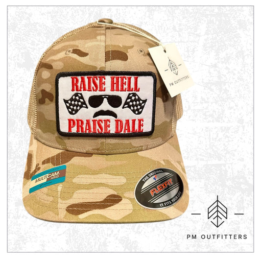 Raise Hell Praise Dale Retro NASCAR FlexFit Camo Trucker Hat