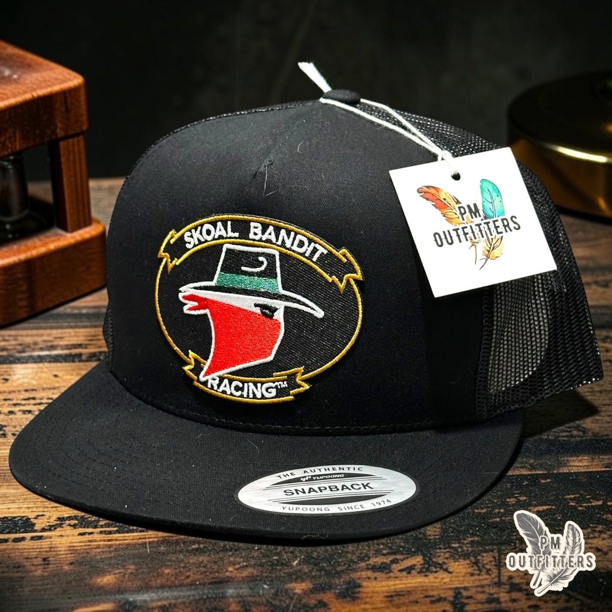 PM Outfitters Skoal Bandit Racing trucker hat black flat bill YP Classics 6006 oval embroidered patch