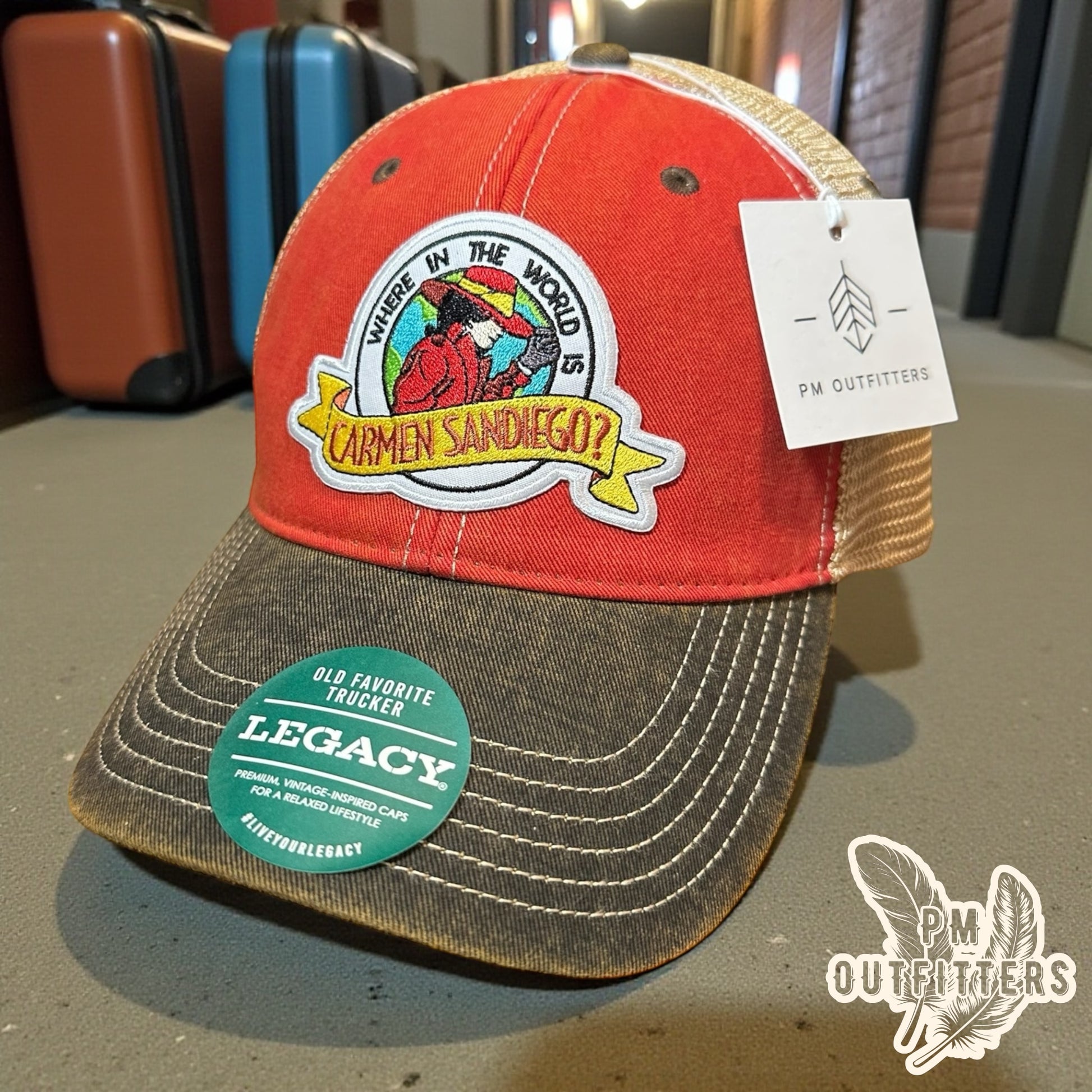 PM Outfitters Carmen Sandiego trucker hat Legacy Old Favorite red brown retro patch Where In The World
