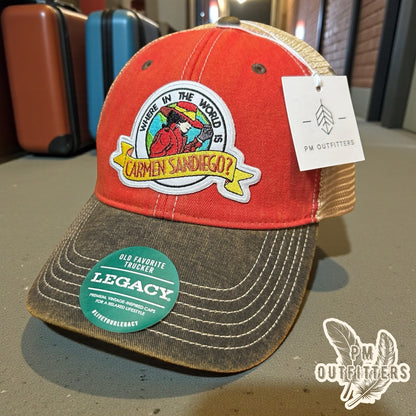 PM Outfitters Carmen Sandiego trucker hat Legacy Old Favorite red brown retro patch Where In The World
