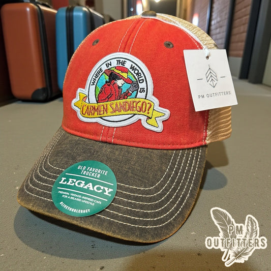 PM Outfitters Carmen Sandiego trucker hat Legacy Old Favorite red brown retro patch Where In The World