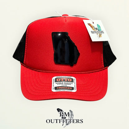 PM Outfitters Georgia Bulldogs holographic vegan leather state outline patch Otto foam front rope red black trucker hat