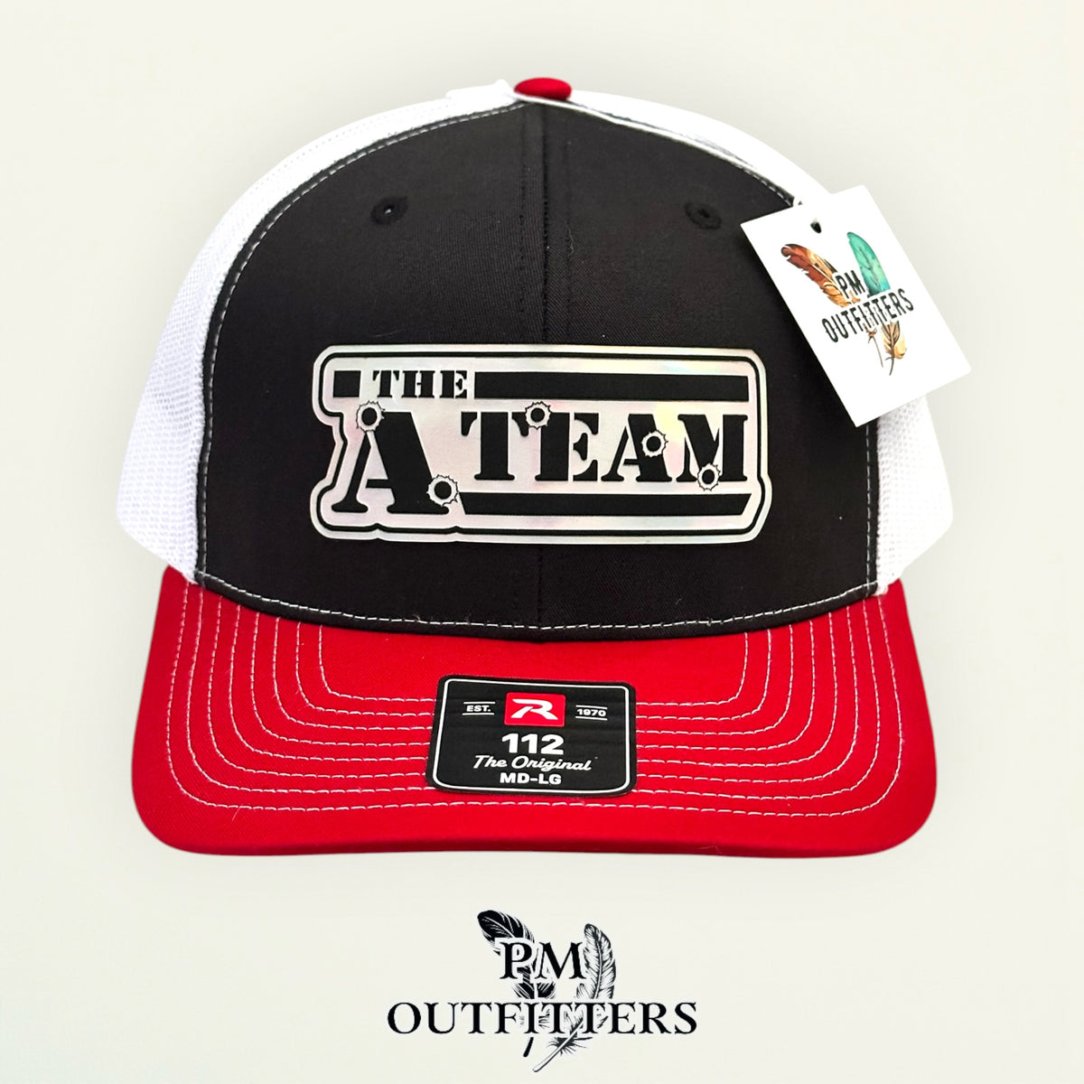 The A-Team patch detail stenciled logo bullet holes holographic trucker hat
