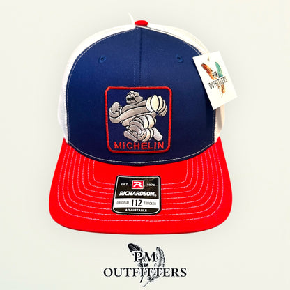 Michelin Man Trucker Hat — Retro Embroidered Patch | Richardson 112 Blue Red White