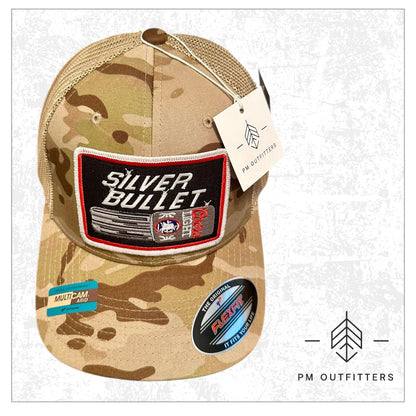 Vintage Coors Light Silver Bullet Embroidered Patch on FlexFit Camo Trucker Hat