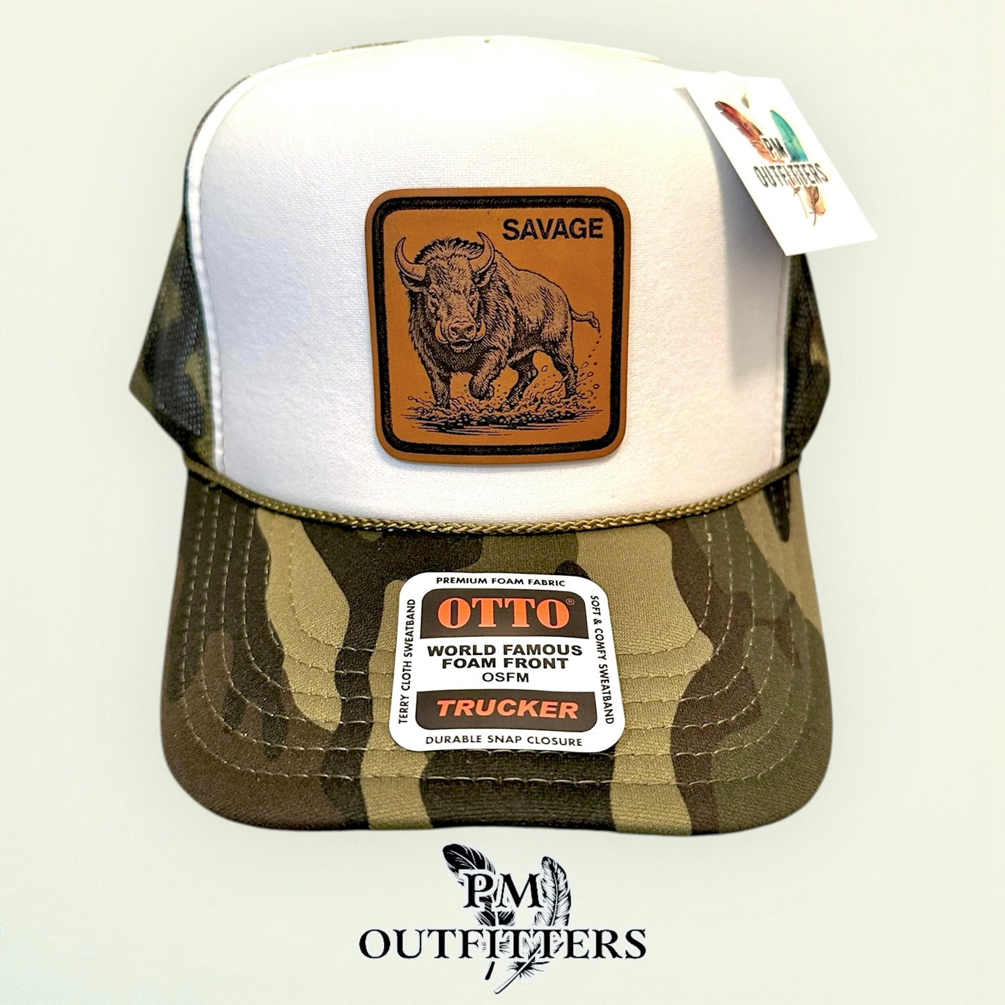 SAVAGE Wild Boar Laser Engraved Patch Hat | Otto Foam Rope Trucker White Camo | PM Outfitters Exclusive Design
