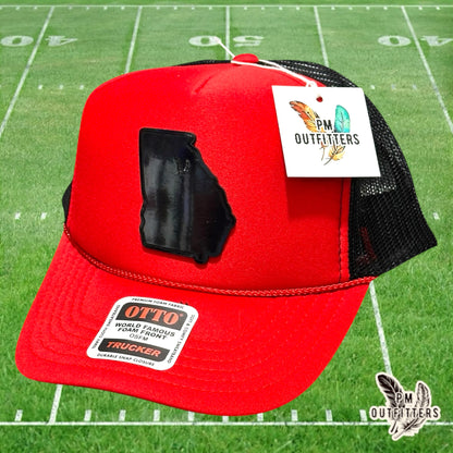 PM Outfitters Georgia Bulldogs holographic vegan leather state outline patch Otto foam front rope red black trucker hat