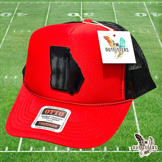 PM Outfitters Georgia Bulldogs holographic vegan leather state outline patch Otto foam front rope red black trucker hat