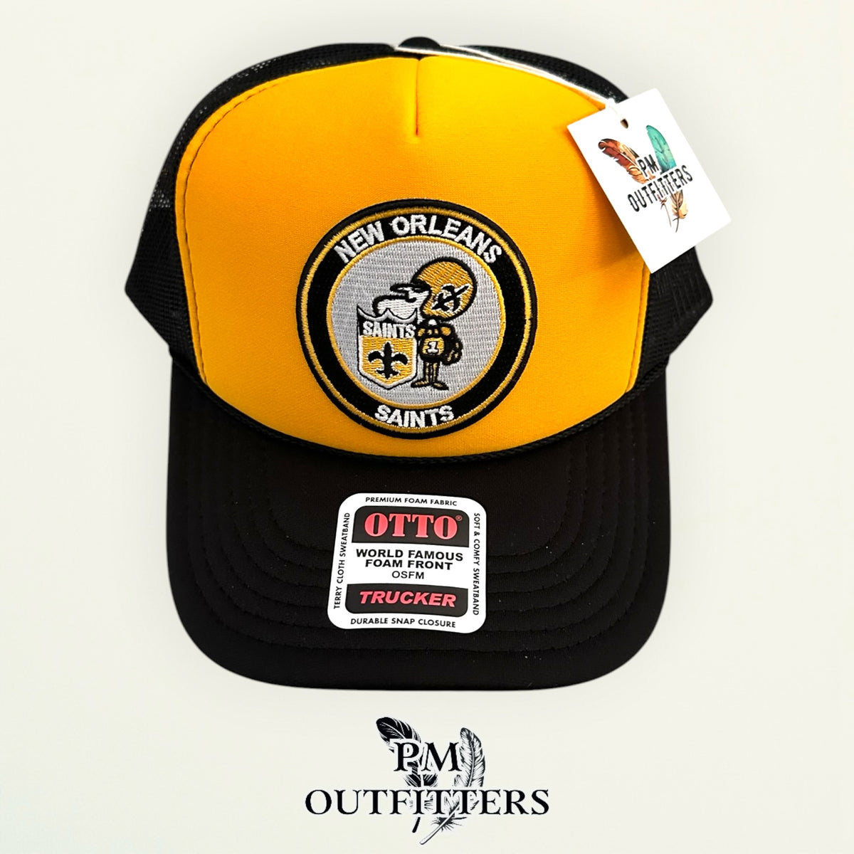 PM Outfitters New Orleans Saints Sir Saint retro embroidered patch Otto foam front rope gold black trucker hat