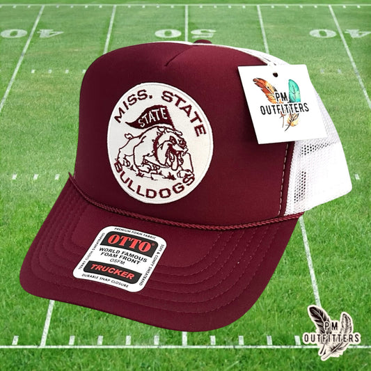 PM Outfitters Mississippi State Bulldogs retro circular patch Otto foam front rope maroon white trucker hat