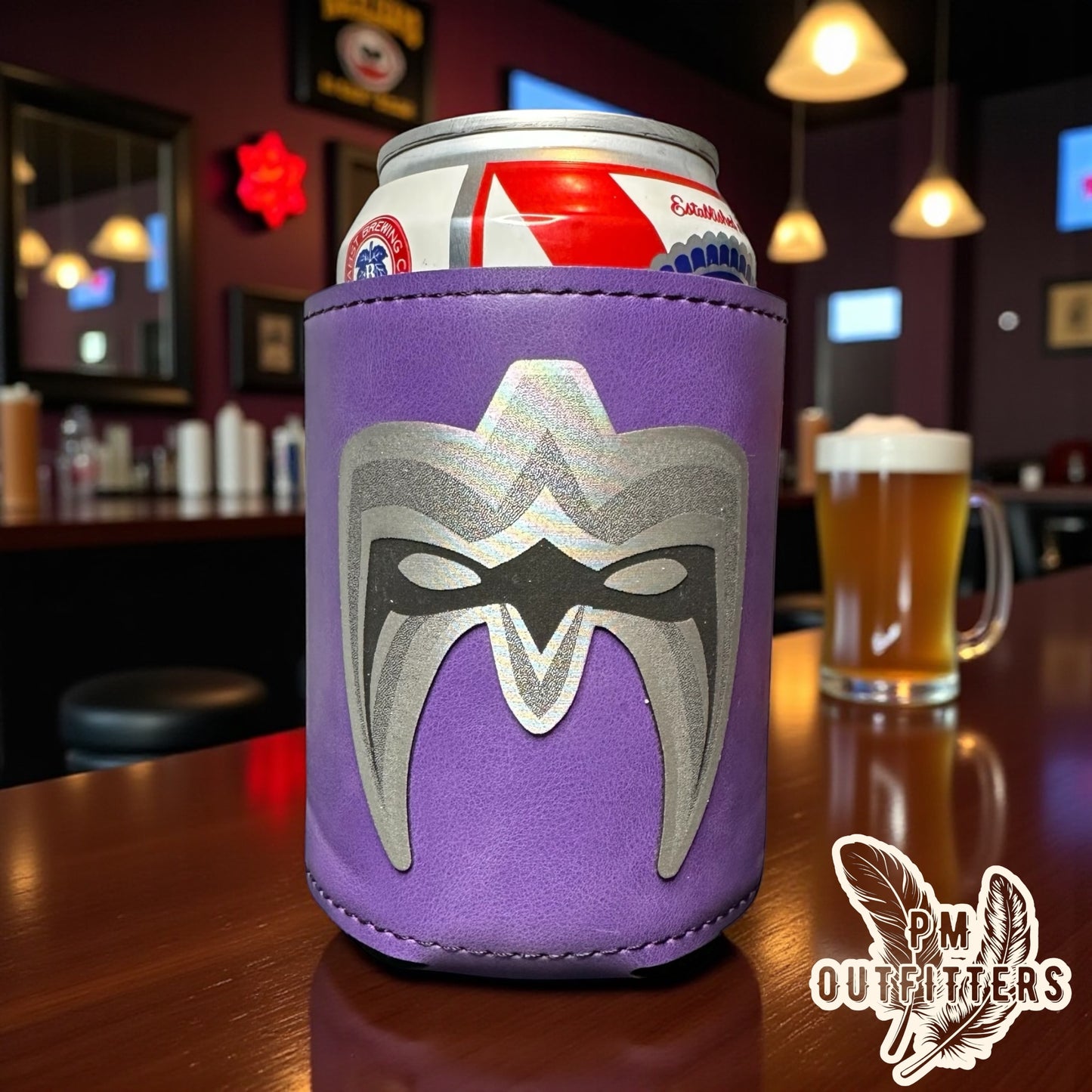 PM Outfitters Custom Laser Engraved Ultimate Warrior Wrestling Mask Premium Leatherette Can Koozie