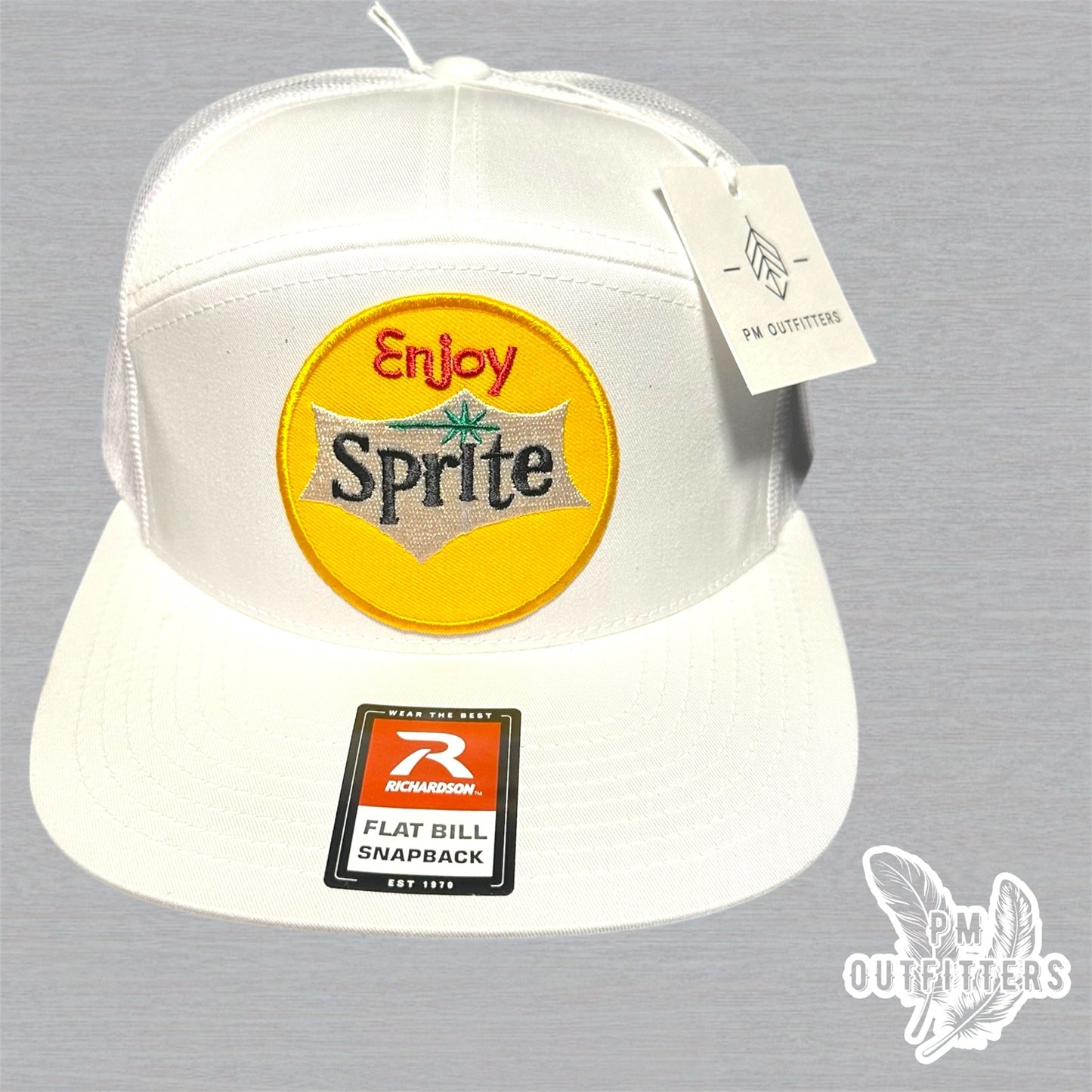 White Richardson 168 Trucker Hat - Retro Enjoy Sprite Embroidered Patch - 7-Panel Snapback Cap