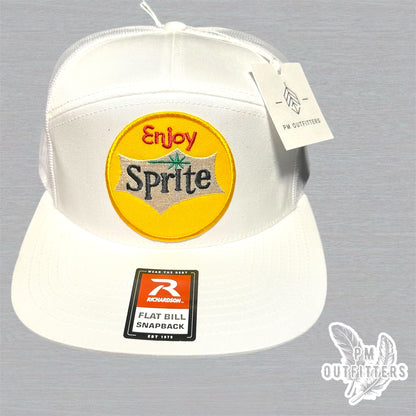 White Richardson 168 Trucker Hat - Retro Enjoy Sprite Embroidered Patch - 7-Panel Snapback Cap