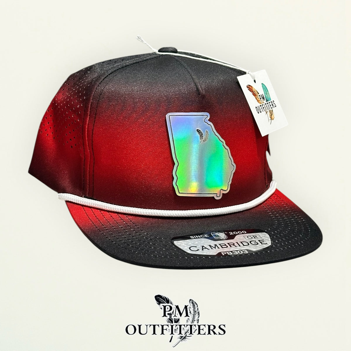 PM Outfitters Georgia Bulldogs holographic vegan leather state outline patch Pitbull Cambridge PB303 gradient black red trucker hat