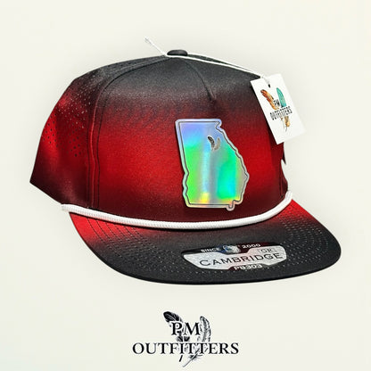PM Outfitters Georgia Bulldogs holographic vegan leather state outline patch Pitbull Cambridge PB303 gradient black red trucker hat
