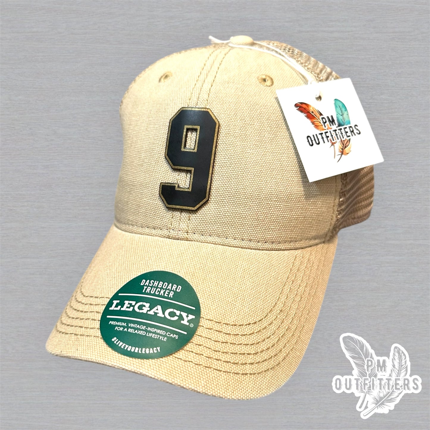 Drew Brees #9 Hall of Fame Hat - PM Outfitters Laser Engraved | Legacy Trucker Tan Saints