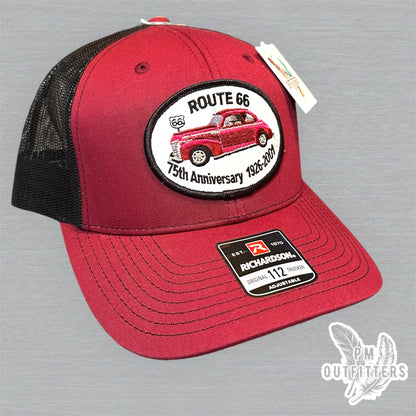 Vintage Route 66 75th Anniversary Patch Trucker Hat - Richardson 112 Maroon Black