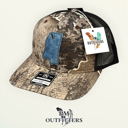 PM Outfitters Ole Miss Tailgate Season denim blue textured vegan leather patch Richardson 112 Realtree Excape camo trucker hat