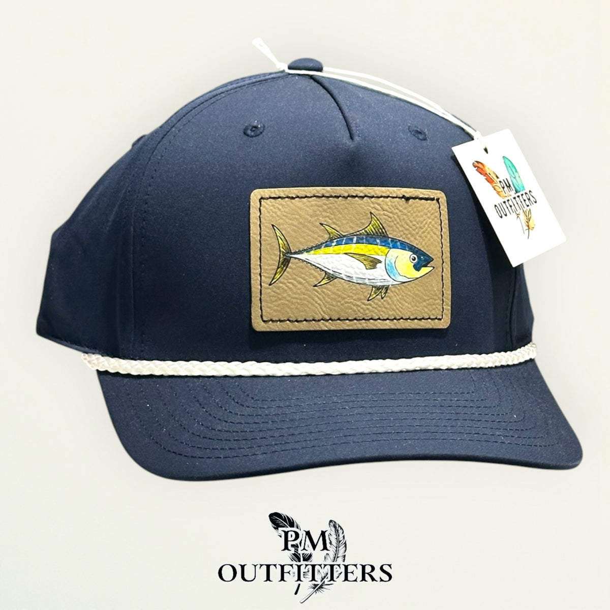 Navy Richardson 258 performance rope cap with hand-painted yellowfin tuna patch, angled view, PM Outfitters True Originals