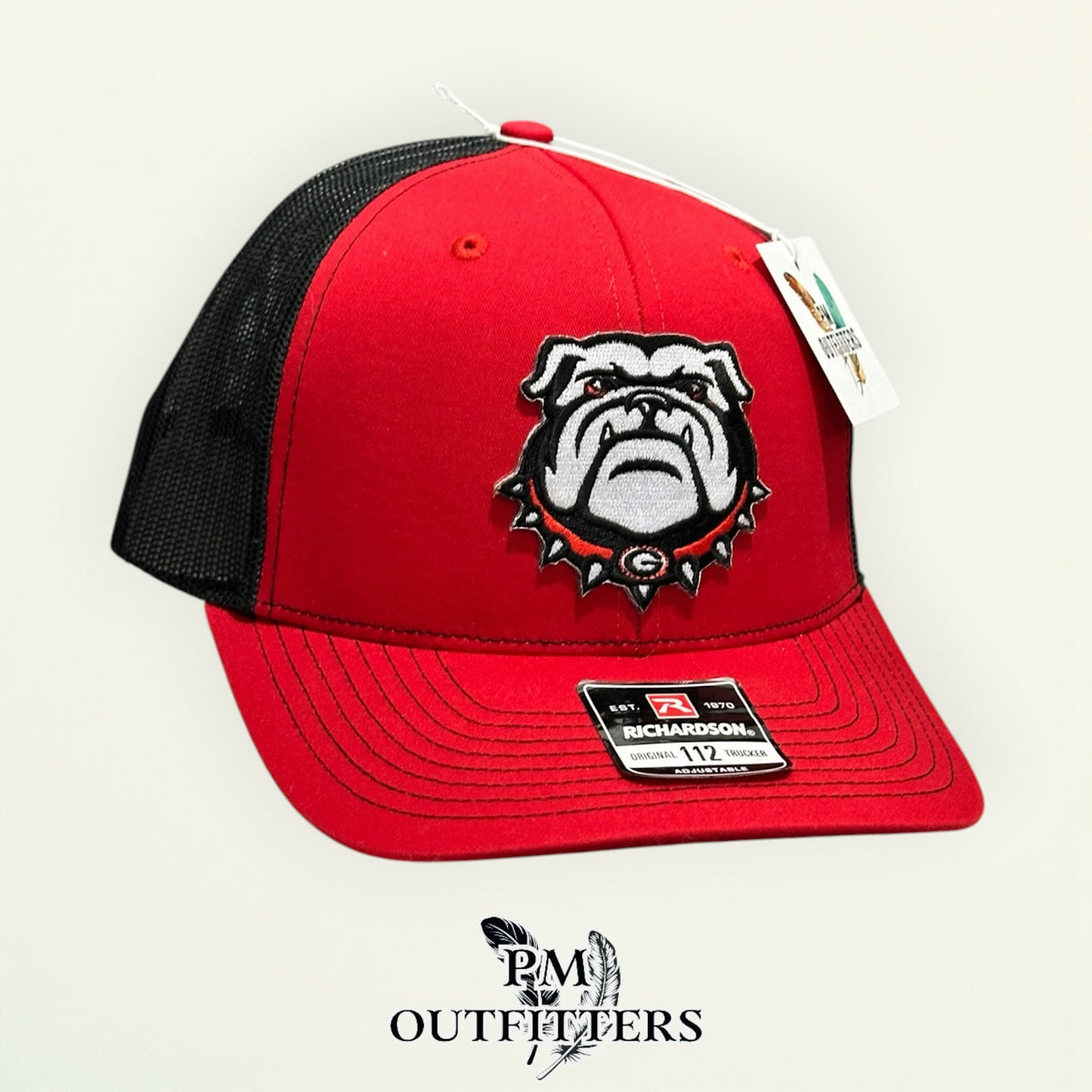 PM Outfitters Georgia Bulldogs mascot head embroidered patch Richardson 112 red black trucker hat