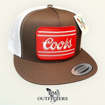 Coors Beer Trucker Hat — PM Outfitters Retro Patch | Yupoong Flat Bill Brown White Rocky Mountain Heritage