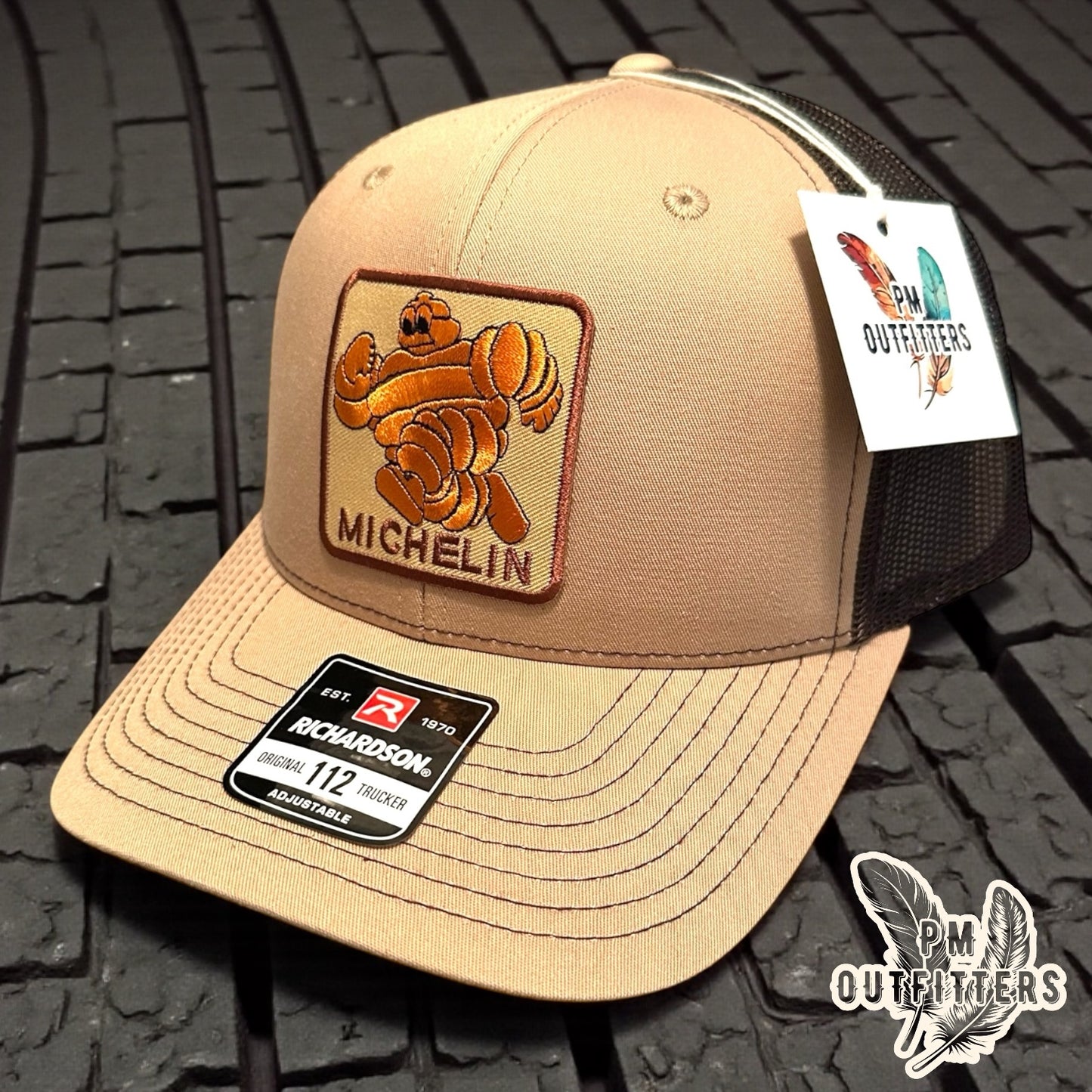 Michelin Man Trucker Hat — Retro Embroidered Patch | Richardson 112 Khaki Brown