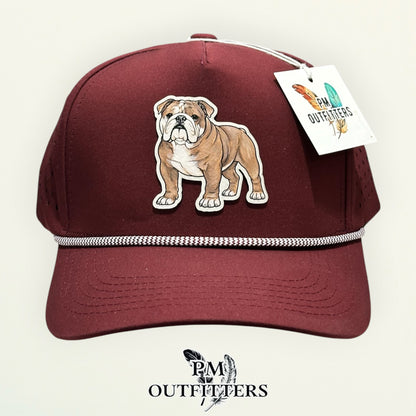 Side view of the hand-painted Bulldog patch on the maroon Dallas 804 rope cap, PM Outfitters True Originals